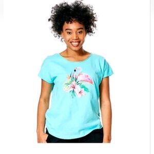 NWT KIWI FRESH FLORAL AND FLAMINGO DESIGN BLUE GRAPHIC TSHIRT TOP SIZE 1X